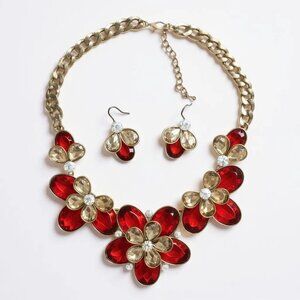 Vintage Red, Grey And Clear Facted Bead Flower Floral Gold Necklace Earring Set